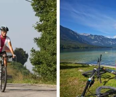 Slovinsko na bicykli s rodinou z Bledu do Novej Gorice - rodina na bicykli a na brehu jazera