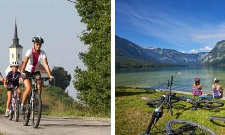 Slovinsko na bicykli s rodinou z Bledu do Novej Gorice - rodina na bicykli a na brehu jazera